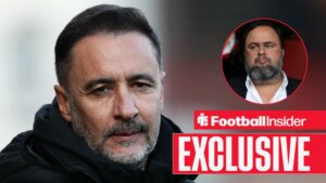 Football Insider exclusive as Vitor Pereira looks concernedly towards Nottingham Forest owner Evangelos Marinakis, who features in a circular inset.