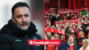Vitor Pereira stares across a split image towards Nottingham Forest fans, who hold scarves aloft in the stands.