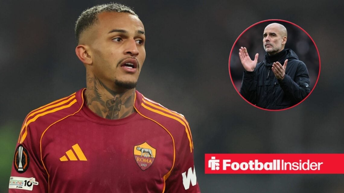 Wesley playing for AS Roma, Pep Guardiola clapping in a circular inset