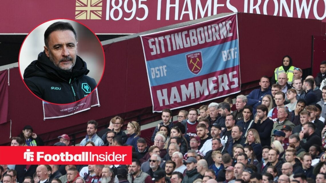 West Ham fans in the stands as incoming Nottingham Forest manager Vitor Pereira features in a circular inset.