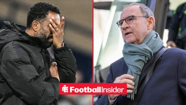 Wilfried Nancy with his hand on his face alongside Martin O'Neill wearing a scarf