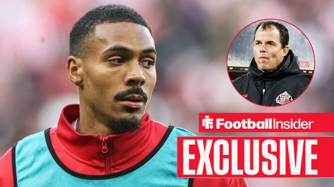 Football Insider exclusive as Sunderland striker Wilson Isidor looks towards manager Regis Le Bris, who is standing in the rain in a circular inset.