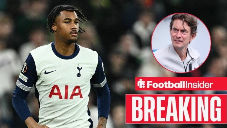 Wilson Odobert playing for Tottenham, Thomas Frank in a circular inset