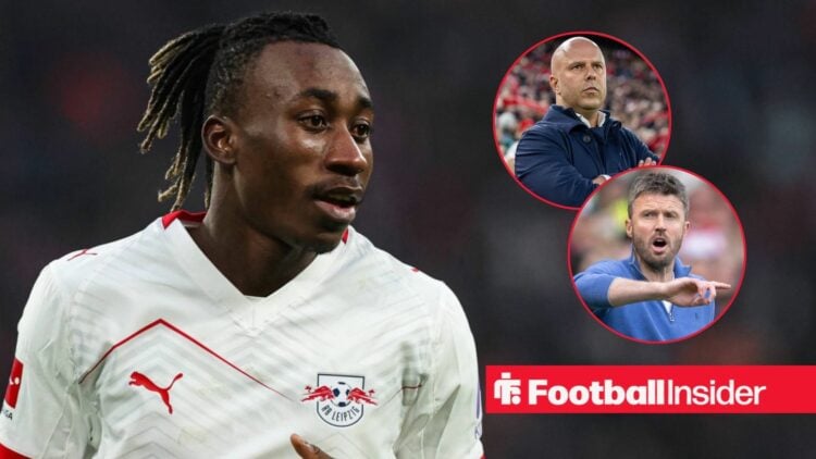 Yan Diomande playing for RB Leipzig in the 2025-26 season / Arne Slot on the sidelines at Anfield / Michael Carrick is present during the Sky Bet C...