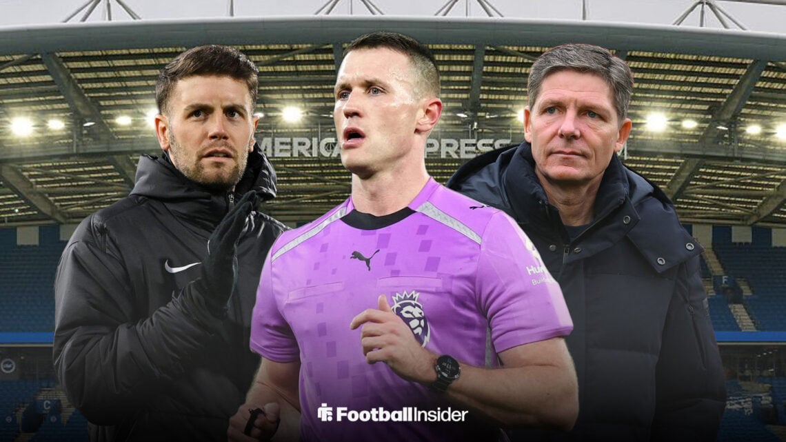 Brighton manager Fabian Hurzeler and Crystal Palace manager Oliver Glasner with Thomas Bramall