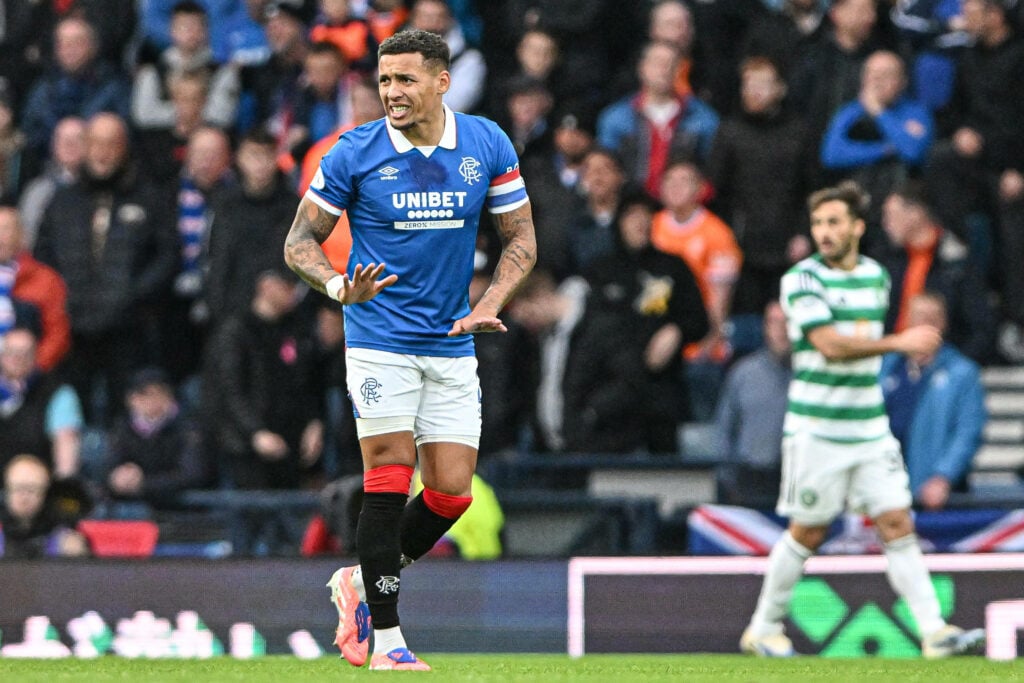 Rangers defender James Tavernier looks concerned while playing in a game against Celtic.