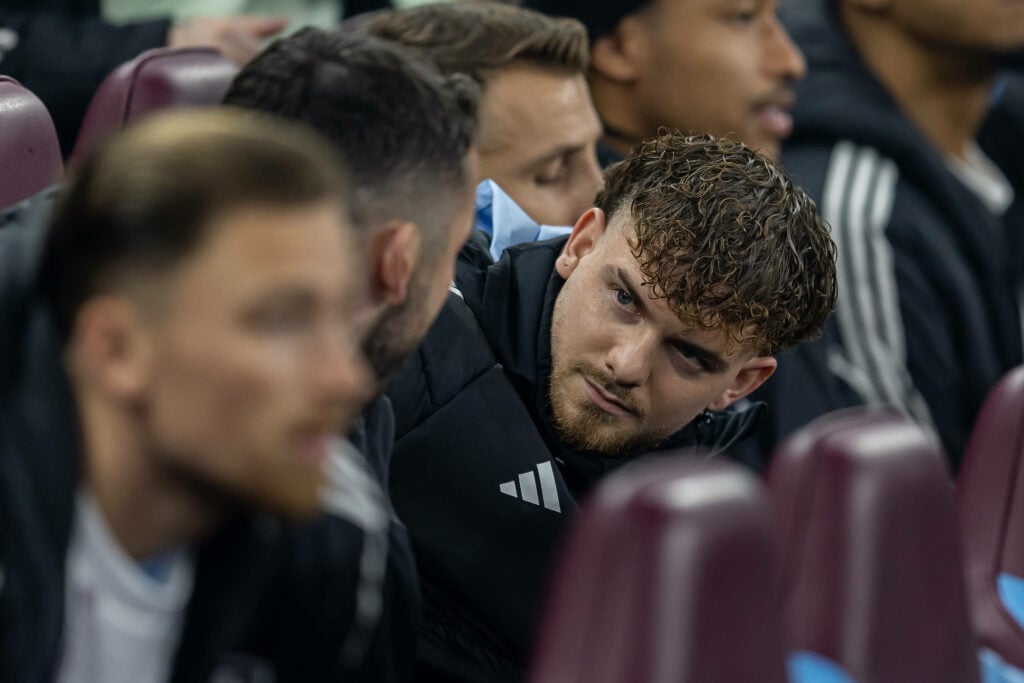 Aston Villa loanee Harvey Elliott sits on the bench at Villa Park.