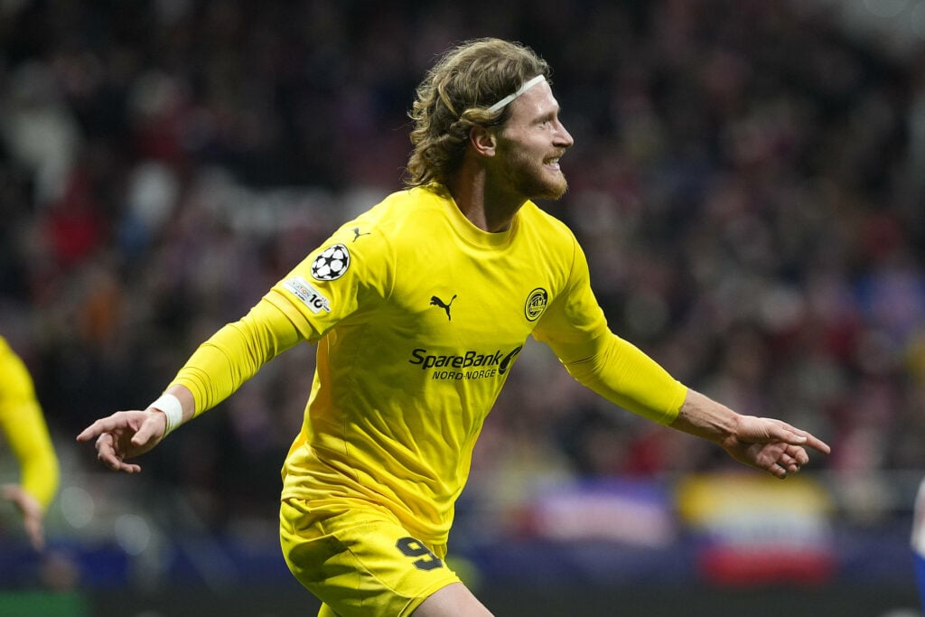 Bodo/Glimt striker Kasper Hogh celebrates a goal against Atletico Madrid in the Champions League.