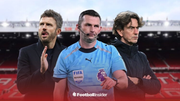 Michael Oliver in centre, with Michael Carrick on left and Thomas Frank on right