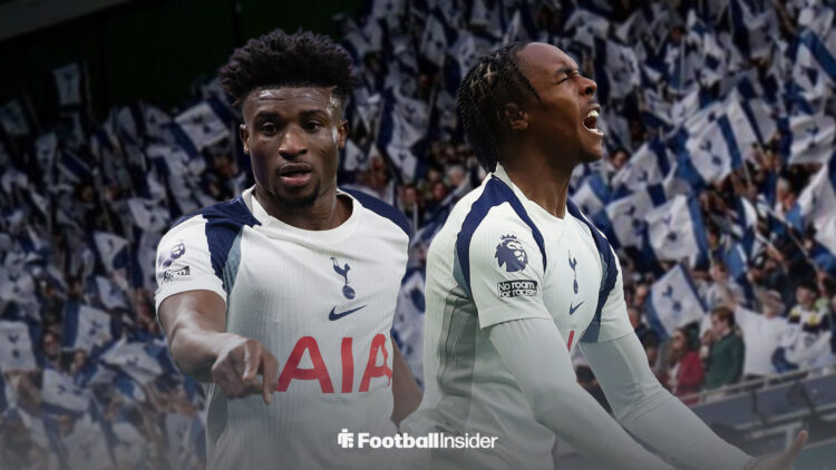 Mohammed Kudus and Mathys Tel in front of Tottenham flags in the 2025-26 season