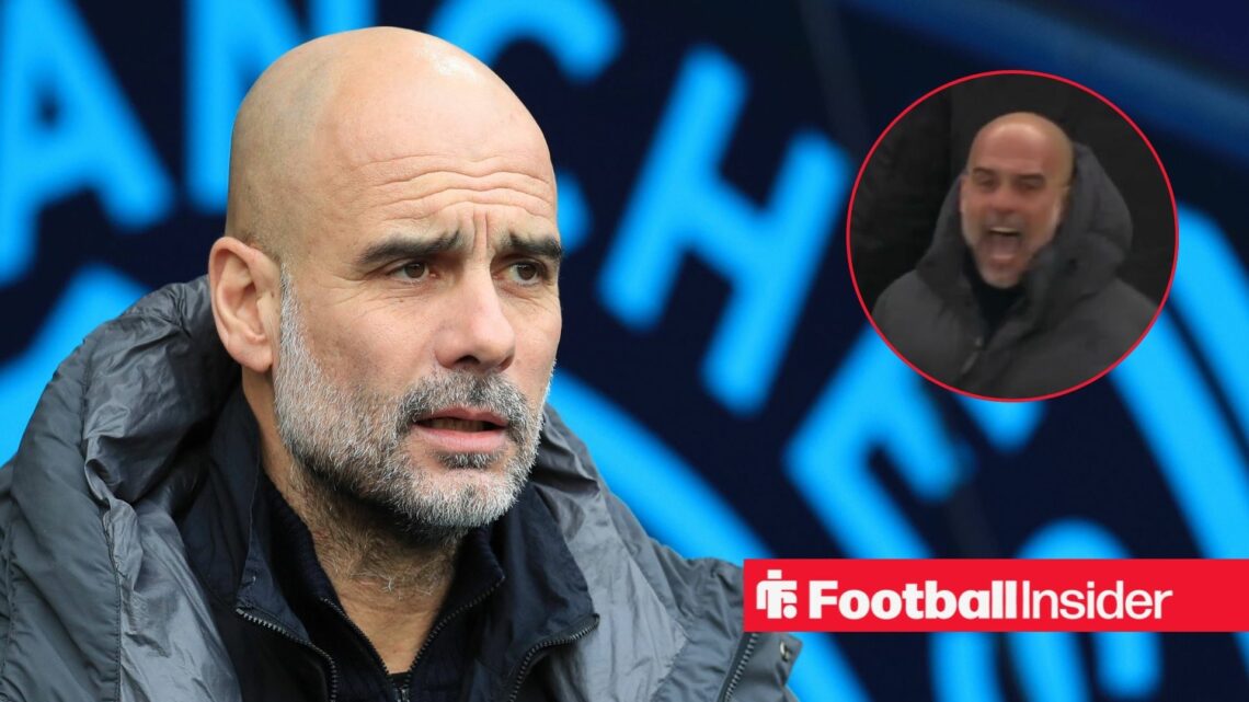 Manchester City manager Pep Guardiola with screenshot of him shouting vs Newcastle in March inset