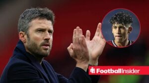 Manchester United manager Michael Carrick claps with wonderkid JJ Gabriel inset