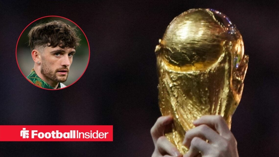 World Cup trophy being lifted with AZ striker Troy Parrott inset