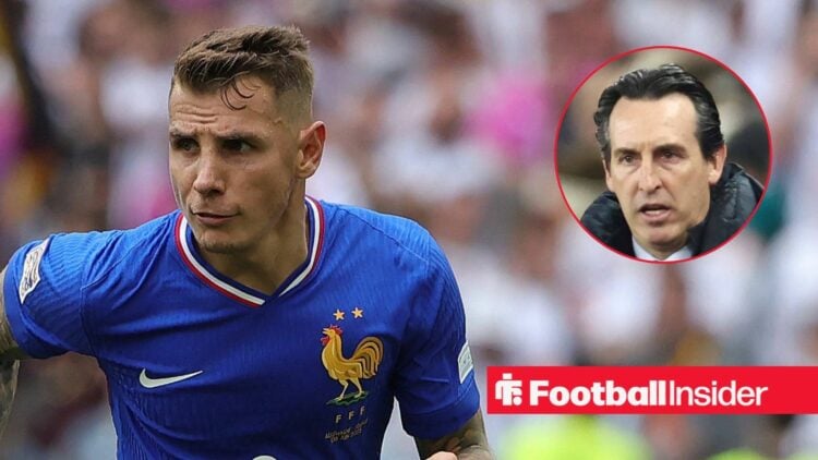 Aston Villa left-back Lucas Digne plays for France with manager Unai Emery inset