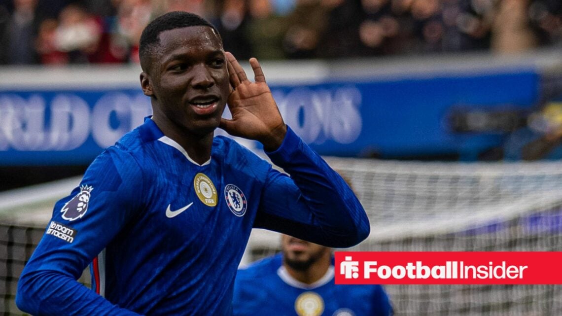 Moises Caicedo celebrating in Chelsea kit