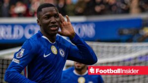 Moises Caicedo celebrating in Chelsea kit