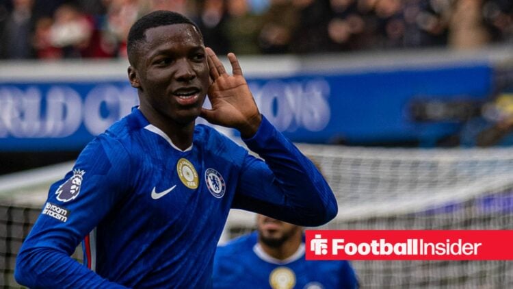 Moises Caicedo celebrating in Chelsea kit