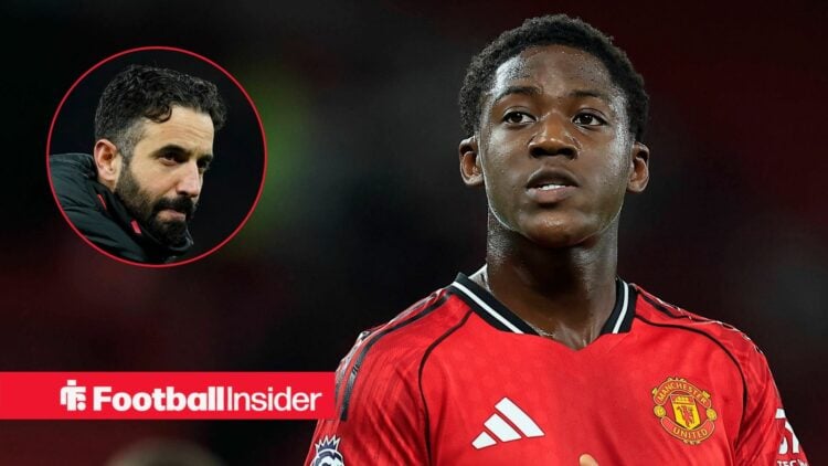 Man United midfielder Kobbie Mainoo with Ruben Amorim inset