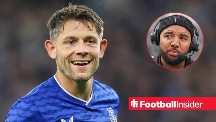 Everton defender James Tarkowski smiles with Troy Deeney inset