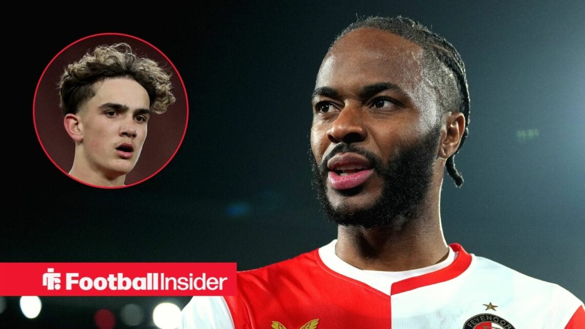 Feyenoord winger Raheem STerling with Arsenal youngster Max Dowman inset