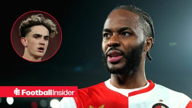 Feyenoord winger Raheem STerling with Arsenal youngster Max Dowman inset