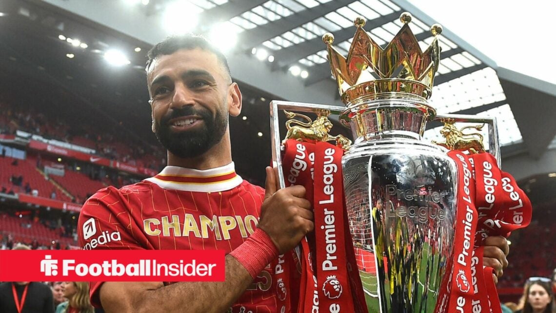 Liverpool star Mohamed Salah holds the Premier League trophy in May 2025