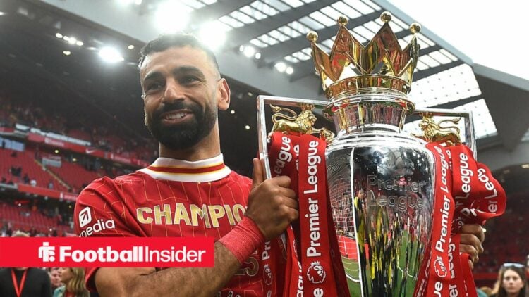 Liverpool star Mohamed Salah holds the Premier League trophy in May 2025