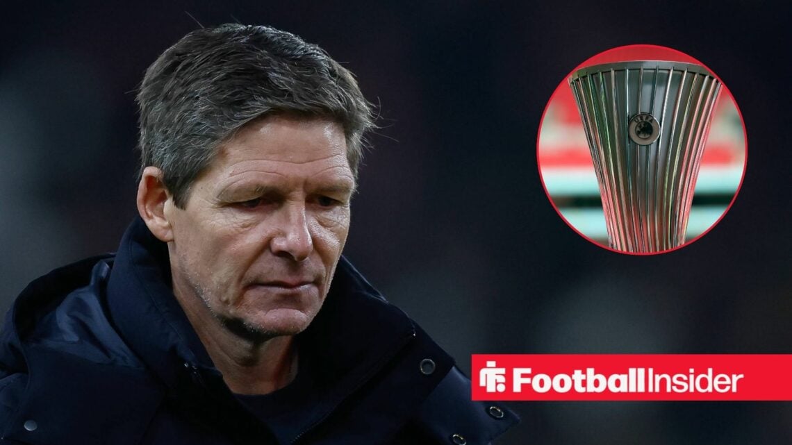 Crystal Palace manager Oliver Glasner with Conference League trophy inset