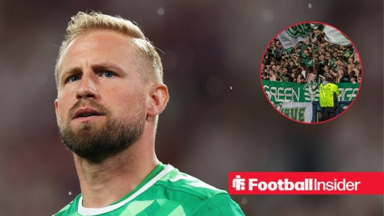 Celtic goalkeeper Kasper Schmeichel with Celtic fans inset