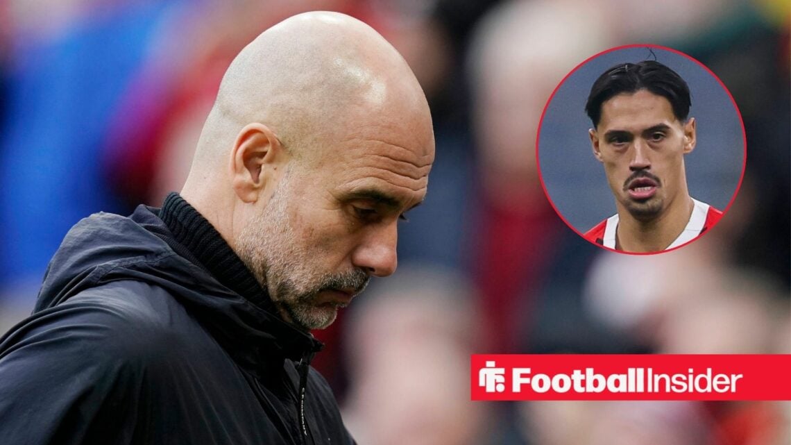 Pep Guardiola looking downwards and Tijjani Reijnders in circle