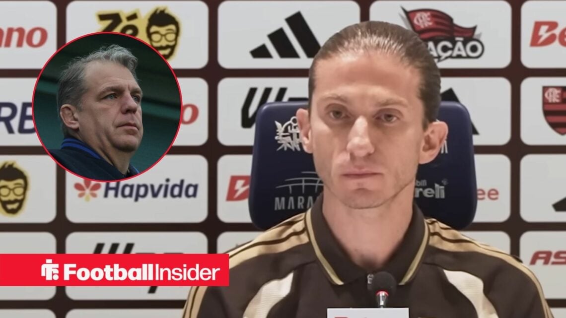 Former Flamengo manager Filipe Luis during a March press conference with Chelsea owner Todd Boehly inset