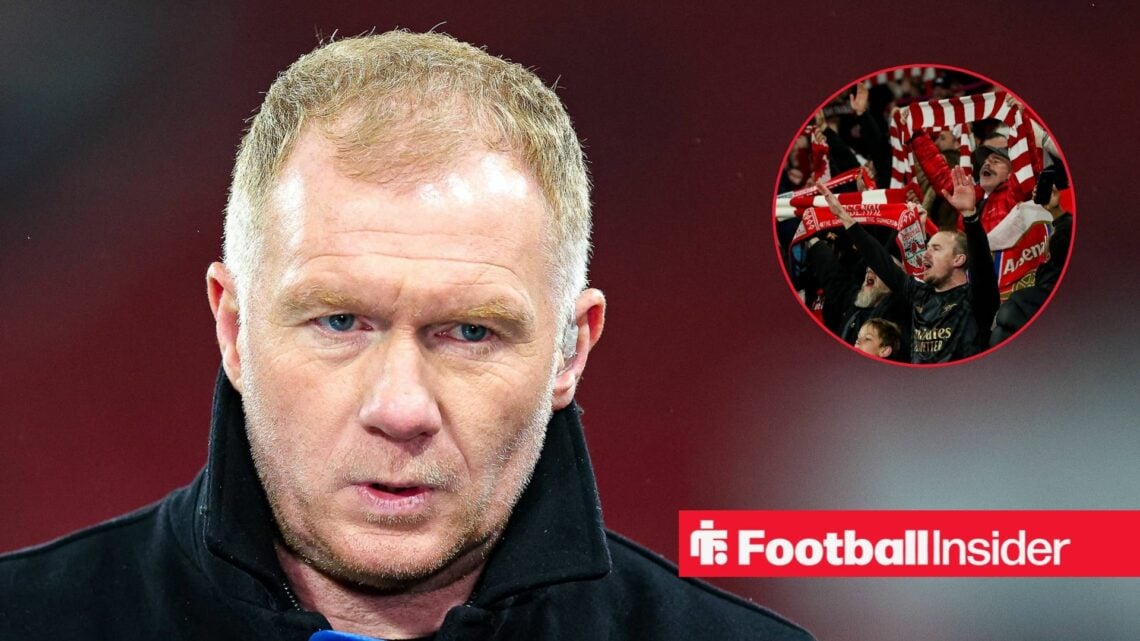 Former Man United midfielder Paul Scholes with Arsenal fans inset