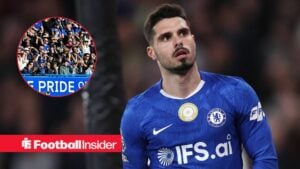 Chelsea winger Pedro Neto with Chelsea fans inset