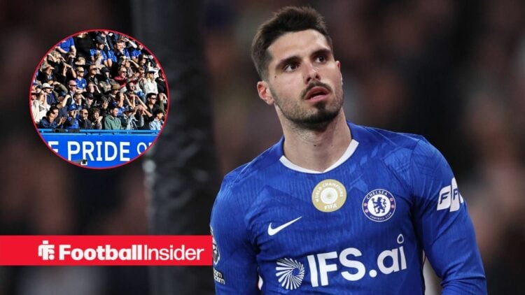 Chelsea winger Pedro Neto with Chelsea fans inset