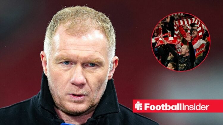 Former Man United midfielder Paul Scholes with Arsenal fans inset