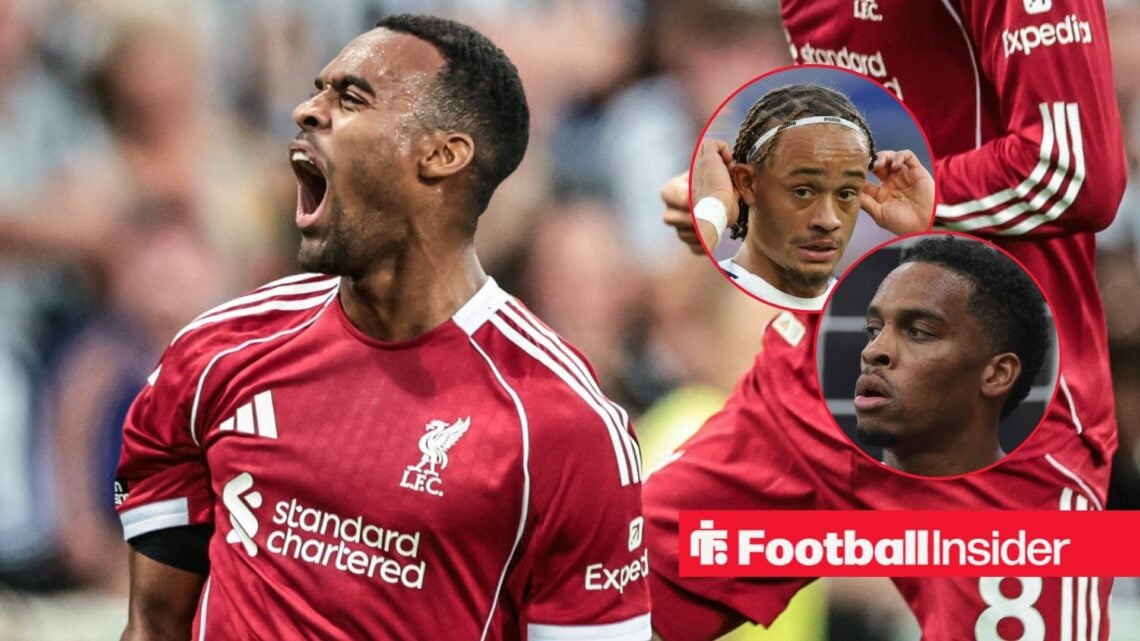 Liverpool midfielder Ryan Gravenberch celebrates with Arsenal defender Jurrien Timber and Tottenham midfielder Xavi Simons inset