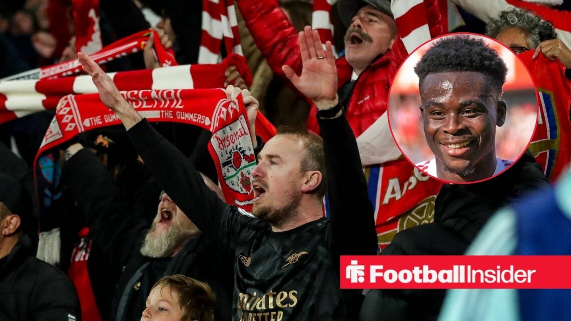 Arsenal fans chant with winger Bukayo Saka smiles inset