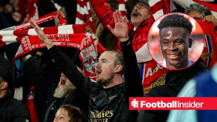 Arsenal fans chant with winger Bukayo Saka smiles inset