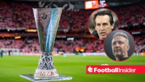 Europa League trophy with Aston Villa manager Unai Emery and Nottingham Forest manager Vitor Pereira inset