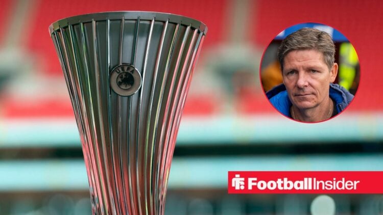 Conference League trophy with Crystal Palace manager Oliver Glasner inset