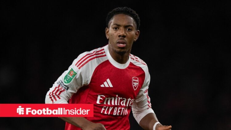 Arsenal left-back Myles Lewis-Skelly plays during a Carabao Cup game