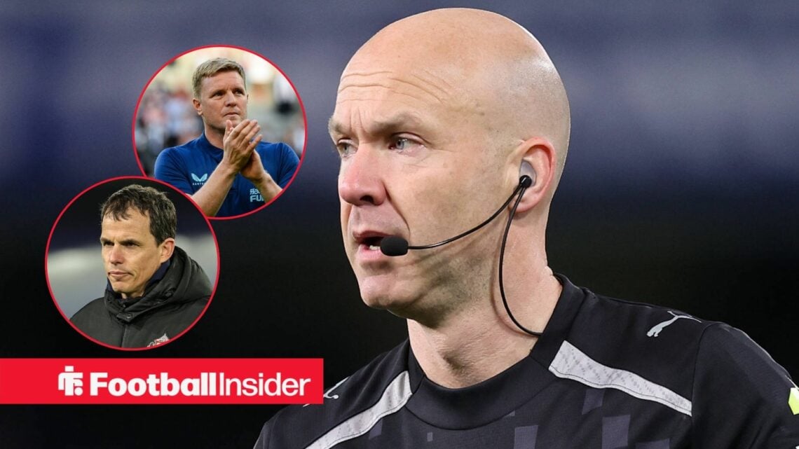 Anthony Taylor looking at Eddie Howe and Regis Le Bris in circles