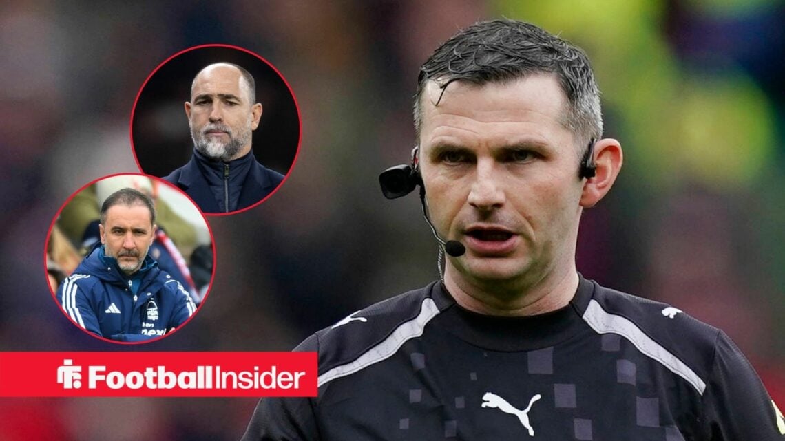 Michael Oliver looking at Igor Tudor and Vitor Pereira in circles