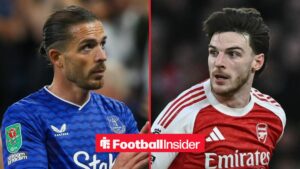Arsenal midfielder Declan Rice with Everton winger Jack Grealish claps