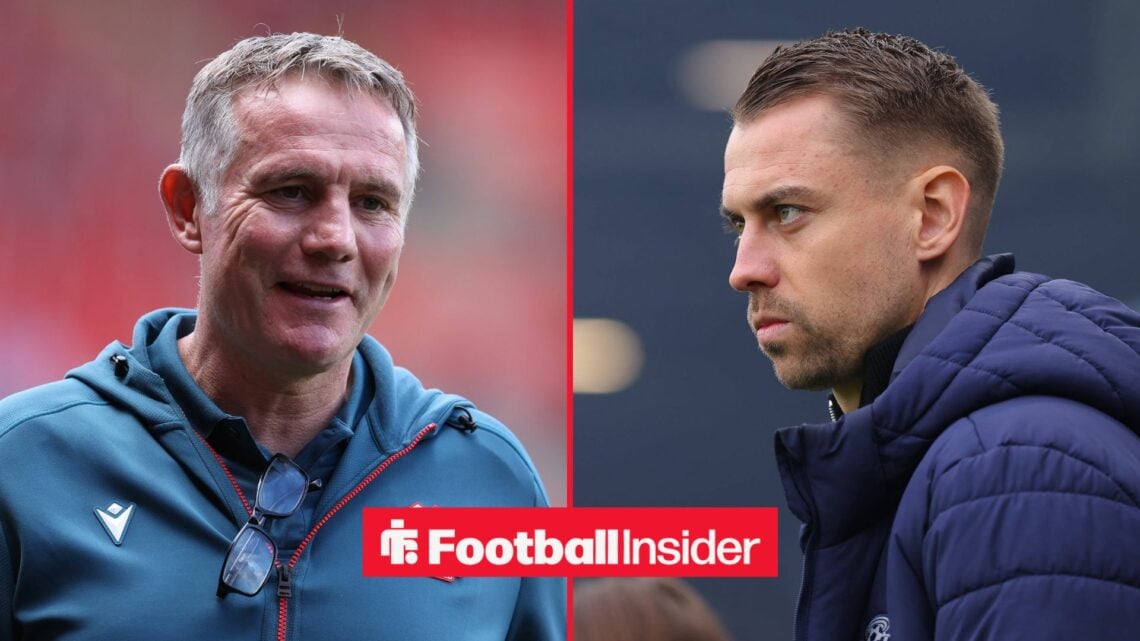 Wrexham manager Phil Parkinson smiles with Southampton manager Tonda Eckert