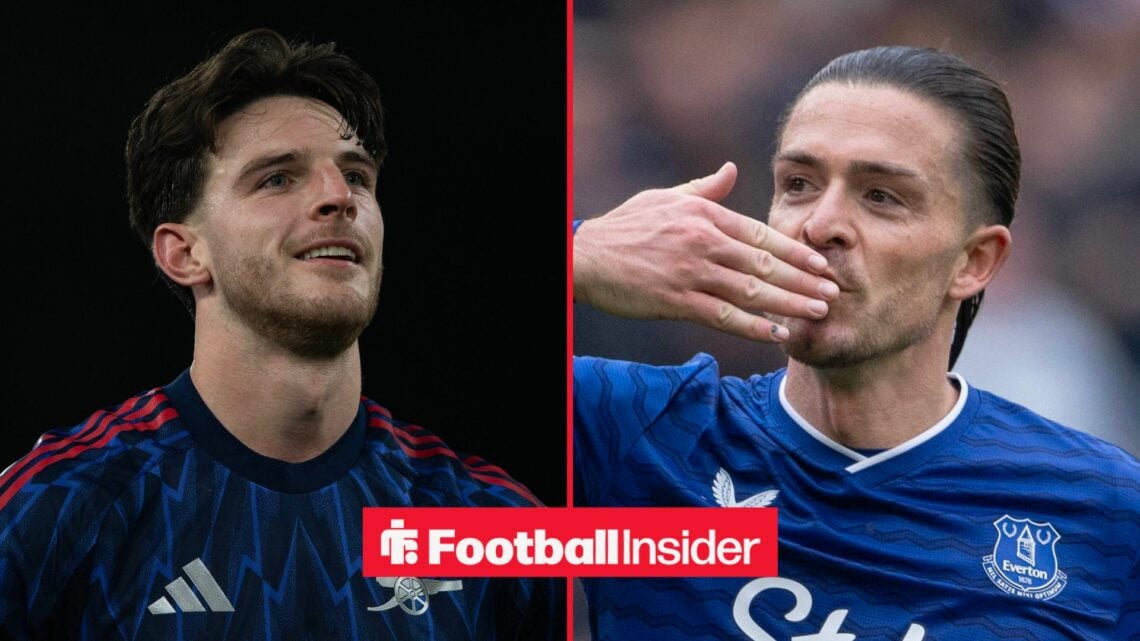 Arsenal midfielder Declan Rice with Everton winger Jack Grealish blows kiss