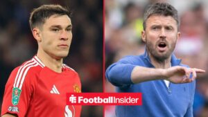 Manuel Ugarte looking at Michael Carrick on right