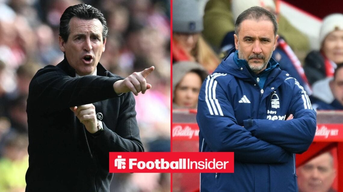 Unai Emery looking at Vitor Pereira on right