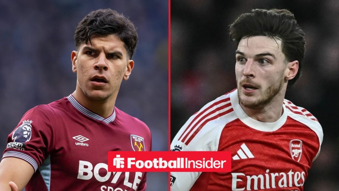 West Ham midfielder Mateus Fernandes with Arsenal midfielder Declan Rice