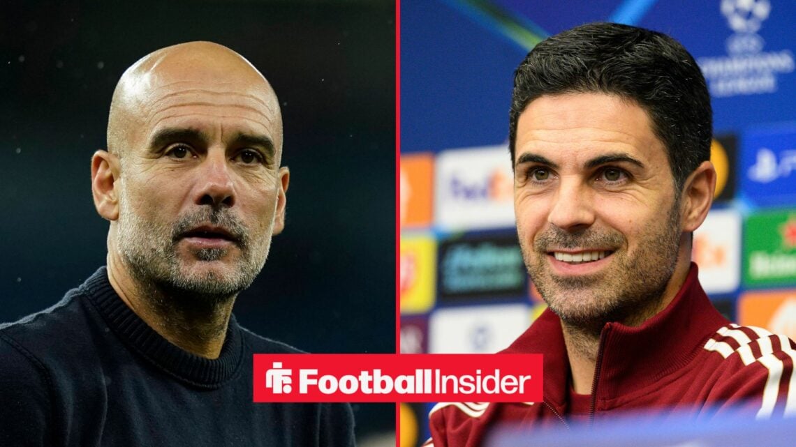 Man City manager Pep Guardiola looks bemused with Arsenal manager Mikel Arteta smiles